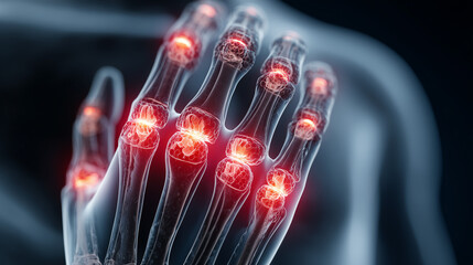 Medical Inflammation Concept: Painful Finger Joints with Glowing Red Arthritis Visualization