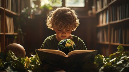 A young boy deeply engrossed in reading an educational book about Earth Day and environmental conservation surrounded by the cozy peaceful atmosphere of a library