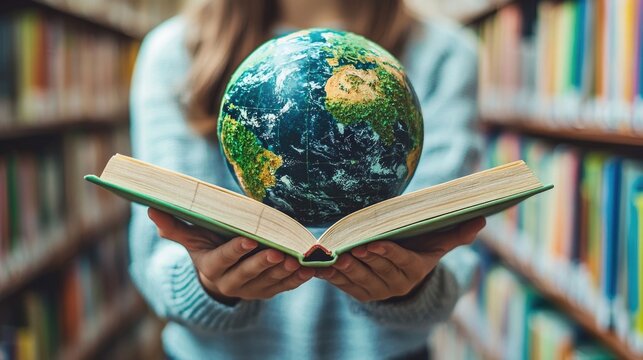Discovering Our Earth s Story An Educational Journey Through a Library of Knowledge  A photo showcasing a child s hands holding a globe surrounded by shelves of books in a library setting