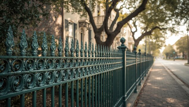 Intricate green ironwork fence serving as a decorative boundary, suitable for garden or property security, with detailed craftsmanship