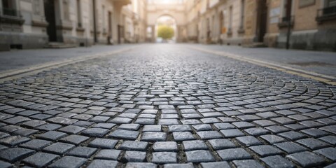Close-up of a wave gently lapping against the sand, emphasizing shoreline erosion risk, with blurred structures and a blue sky, Earth Day