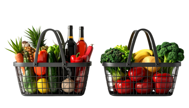 3D Rendered Shopping Basket Collection with Groceries and Minimalist Empty Basket, Transparent PNG