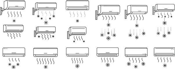 Air conditioner icon set, black vector symbols, cooling heating mixed modes, snowflake heat wave arrows, HVAC system design illustration