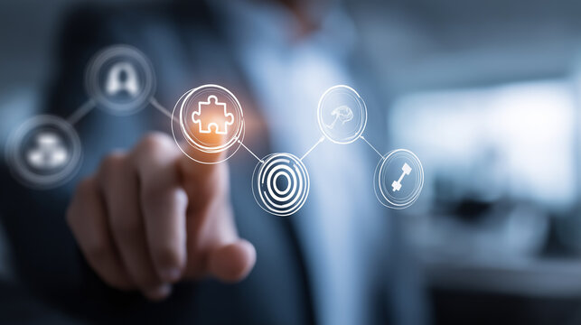 Businessman Touching Glowing Puzzle Piece Icon on Virtual Screen - Powered by Adobe