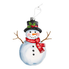 Watercolor snowman Christmas ornament isolated on white. Hand painted winter decoration.
