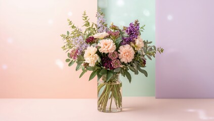 Naklejka premium Vase with assorted flowers on a vibrant background, highlighting floral arrangement for spring or summer displays