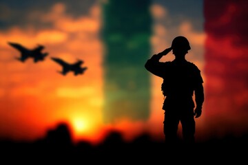 Obraz premium A man salutes in front of a sunset with a fighter jet in the background