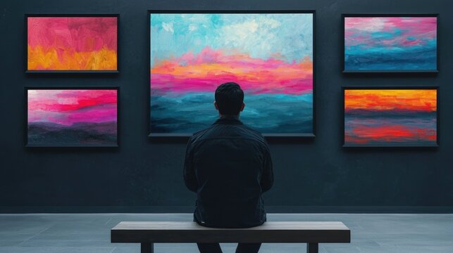 Captivating abstract landscape paintings displayed in an art gallery evoking a sense of tranquility introspection and emotional awareness around mental health concepts