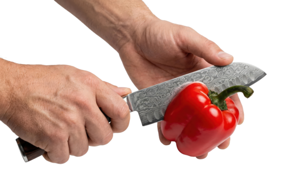 Male hands slicing fresh red bell pepper with damascus steel knife