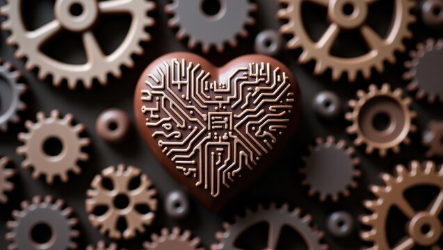 Heart shaped circuit board surrounded by gears mechanical concept