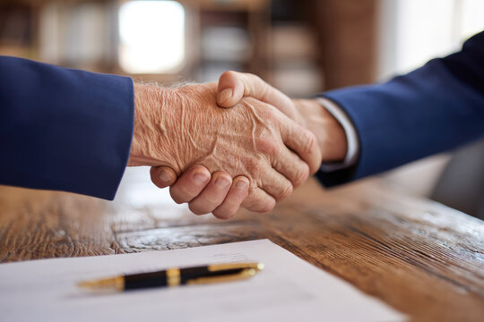 Senior businessman shaking hands to finalize deal in office setting, close up of hands with contract and pen on wooden desk, symbolizing agreement and partnership