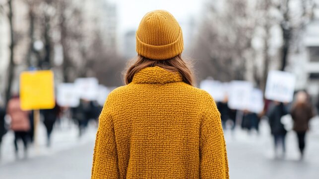 Portrait of a determined woman standing strong and holding mental health awareness posters during a public rally or protest event with a crowd of people in the background  Concept of support