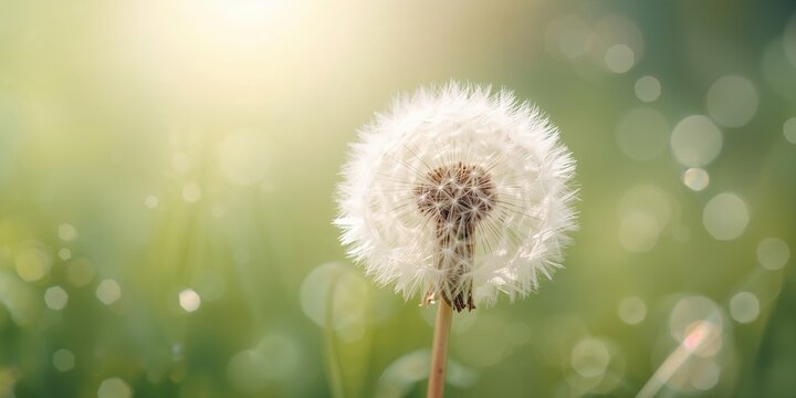 Close-up of a dandelion seed head with delicate parachutes, used as a nature background for text or layout, Earth Day
