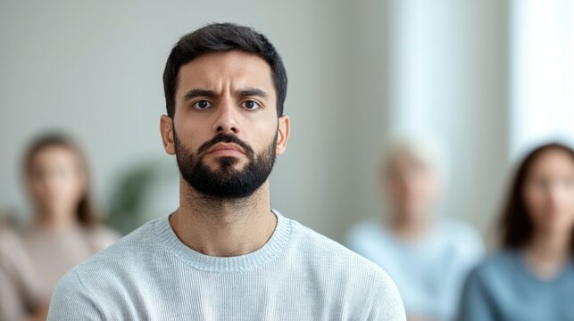Thoughtful professional man with a beard in a group workshop environment where people are sharing experiences and insights related to mental health awareness and well being - Powered by Adobe