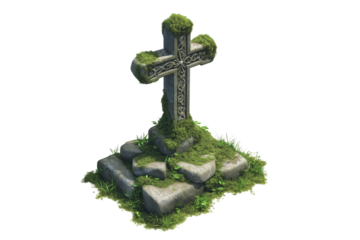Mossy Celtic Cross Stone Monument Vector Isolated on Transparent Background