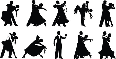 Ballroom dance silhouette set, black and white couple poses, elegant movement, formal attire, romantic gesture, graceful choreography design