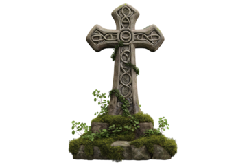 Weathered Celtic Cross Monument with Green Moss Vector Isolated on Transparent Background PNG
