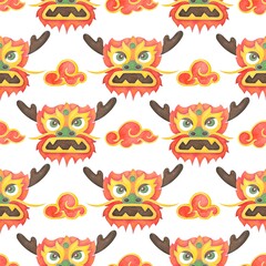 Fototapeta premium cute Chinese dragon seamless pattern. Spring Festival, Lunar New Year. watercolor holiday print for packaging paper, fabrics, wrapping gifts, scrapbooking wallpaper, textile