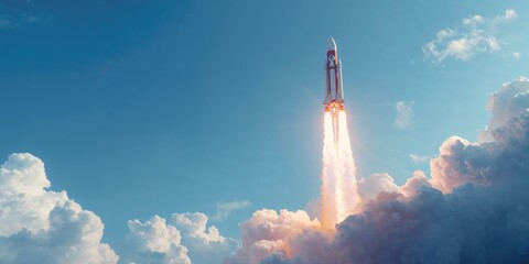 Realistic rocket launch with spaceship ascending through clouds, emphasizing aerospace safety and mission planning