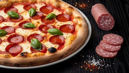 High-Angle Pepperoni Pizza Close-Up, Freshly Baked Pizza with Mozzarella and Basil on White Plate, Golden Crust and Glossy Pepperoni Slices Food Photography, Dramatic Lighting Pizza with Salami and Sp