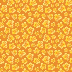 Hand drawn Floral Seamless Pattern. Vivid Yellow Flowers on Warm Orange Background. cute watercolor summer print for packaging paper, fabrics, wrapping gifts, scrapbooking wallpaper, textile