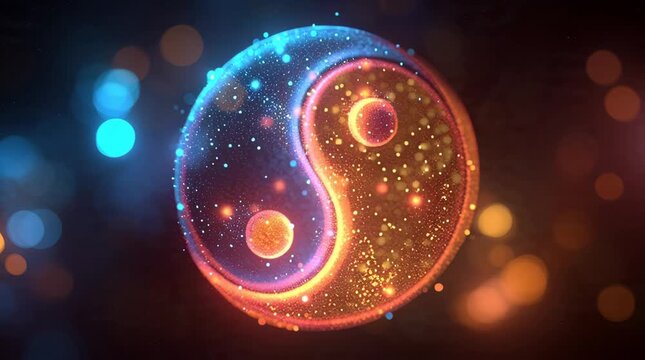 A glowing three-dimensional Yin and Yang symbol made of blue and orange energy particles on a dark background.