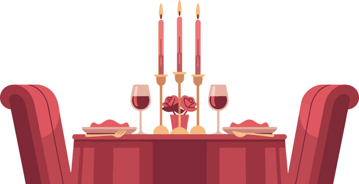 Romantic dinner setting with wine and candlelight, create intimate atmosphere for dating, anniversary, or special occasion in restaurant