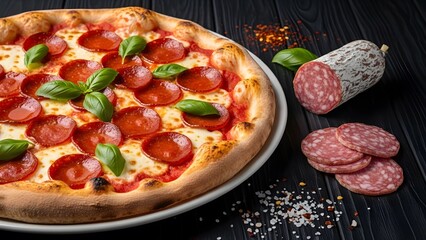 Overhead Fresh Vegetable Pizza Close-Up, Rustic Crust Pizza with Cherry Tomatoes, Bell Peppers, and Olives, Dramatic Lighting Pizza on Dark Plate, High-Contrast Styled Pizza with Basil Garnish, Appeti