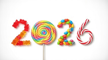 Bright, colorful 2026 spelled out with gummy bears, a swirly lollipop, jelly beans, and candy canes on a clean white background, evoking a festive and sweet mood.
