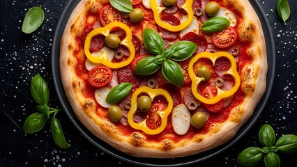 Overhead Fresh Vegetable Pizza Close-Up, Rustic Crust Pizza with Cherry Tomatoes, Bell Peppers, and Olives, Dramatic Lighting Pizza on Dark Plate, High-Contrast Styled Pizza with Basil Garnish, Appeti