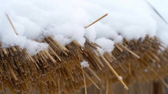 Snow rests upon a thatched roof in winter; close-up, low angle view.