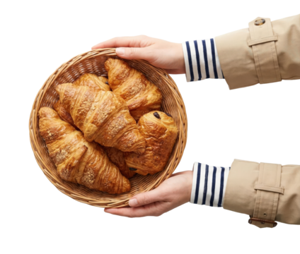 Female hands holding wicker basket full of fresh croissants and pastry