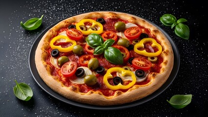 Overhead Fresh Vegetable Pizza Close-Up, Rustic Crust Pizza with Cherry Tomatoes, Bell Peppers, and Olives, Dramatic Lighting Pizza on Dark Plate, High-Contrast Styled Pizza with Basil Garnish, Appeti
