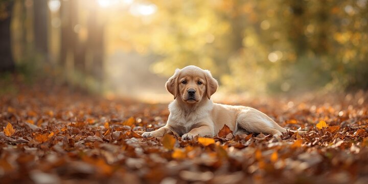 Black and yellow dog on an autumn background, highlighting seasonal change in outdoor settings