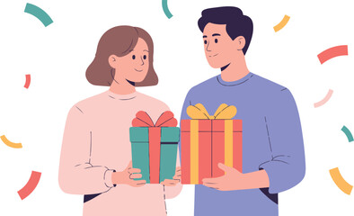 Smiling couple holding gifts with confetti background, representing happiness, togetherness, and joy for holiday celebration or birthday