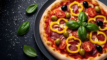 Overhead Fresh Vegetable Pizza Close-Up, Rustic Crust Pizza with Cherry Tomatoes, Bell Peppers, and Olives, Dramatic Lighting Pizza on Dark Plate, High-Contrast Styled Pizza with Basil Garnish, Appeti