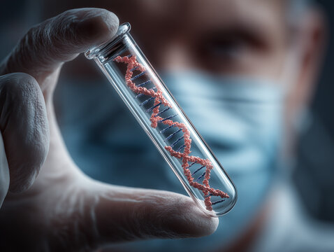 Scientist holding test tube with DNA helix strand