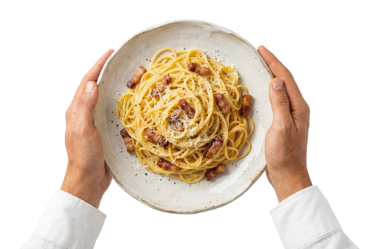 Top view of male hands holding plate with traditional spaghetti carbonara pasta