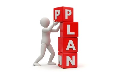 3D Figure Arranging PLAN Blocks, Stylized Human Figure Stacking Red Letter Cubes, Conceptual Plan Execution Illustration, Featureless Mannequin Interacting with Letter Blocks, Bright Minimalist Render