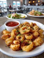 Fried calamari with marinara sauce served on a plate.