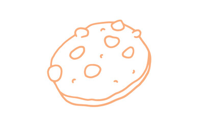 A simple, minimalist orange line art illustration of a chocolate chip cookie. A hand-drawn doodle concept for bakery and dessert themes