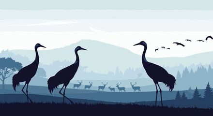 Obraz premium A panoramic wildlife silhouette scene with three large cranes a herd of deer and birds flying over a misty mountain forest.