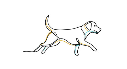 A minimalist continuous single line drawing of a running dog with abstract blue and yellow color accents on a white background.