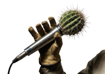 Gloved hand holding microphone with cactus head concept of sharp or painful speech