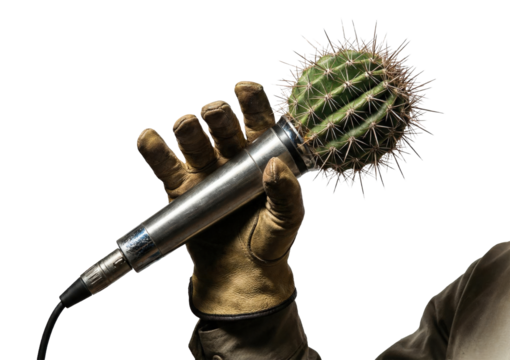 Gloved hand holding microphone with cactus head concept of sharp or painful speech