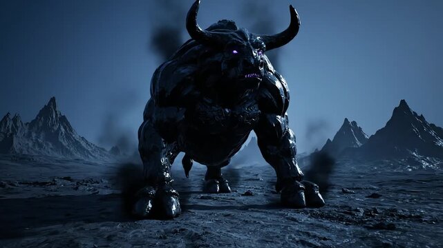 Dark Creature with Horns on a Rocky Landscape.