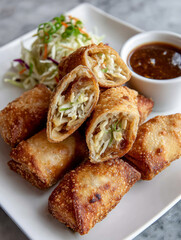 Crispy spring rolls with dipping sauce and slaw on a plate.