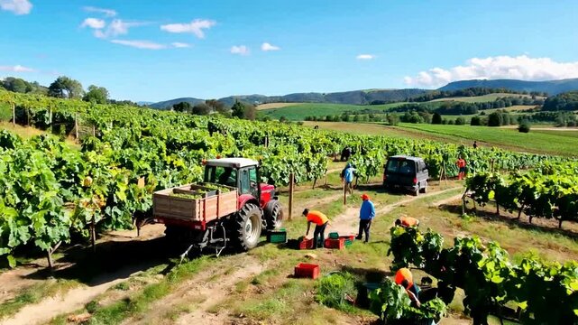Vineyard Harvest - Workers and Tractor in Lush Green Field.