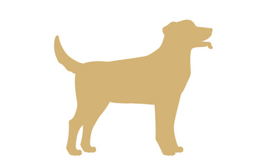 A simple, flat design silhouette of a standing Labrador Retriever dog. This minimalist tan canine graphic is an isolated vector icon perfect for pet concepts