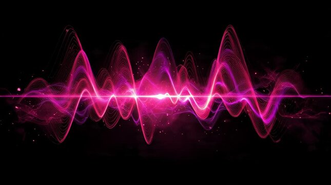 A vibrant visualization of sound waves, depicted with glowing pink and purple hues against a dark background.